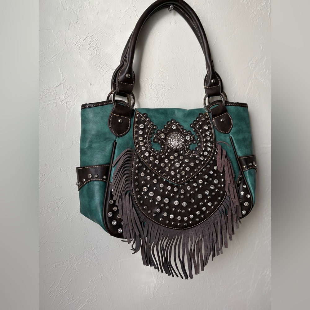 Trinity Ranch Western Studded Fringe Tote Teal Brown Leather NWT - Picture 2 of 16